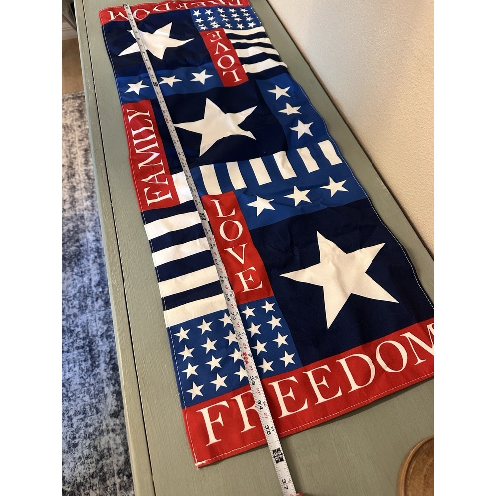 Patriotic Table Runner 13x36 Red White Blue Stars Stripes‎ Family Love Freedom